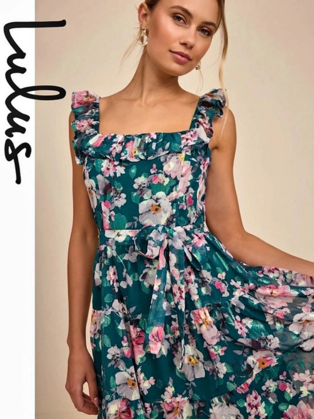 Lulus - Shela Teal Floral Jacquard Tiered Midi Dress - Picture 2 of 6